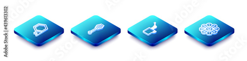Set Isometric line Honeycomb, dipper stick, with honey and Flower icon. Vector