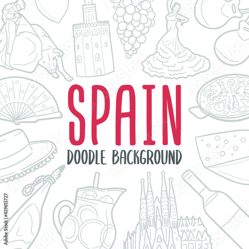Spain Doodle Banner Icon. Country Vector Illustration Hand Drawn Art. Line Symbols Sketch Background.