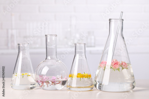 Laboratory glassware with different flowers on white wooden table. Essential oil extraction
