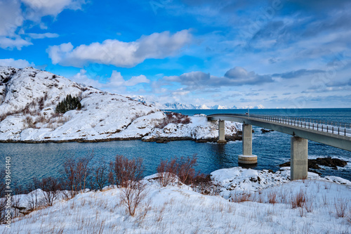 Djupfjord Bridge Djupfjordbrua in winter. Lofoten islands, Norway © Dmitry Rukhlenko
