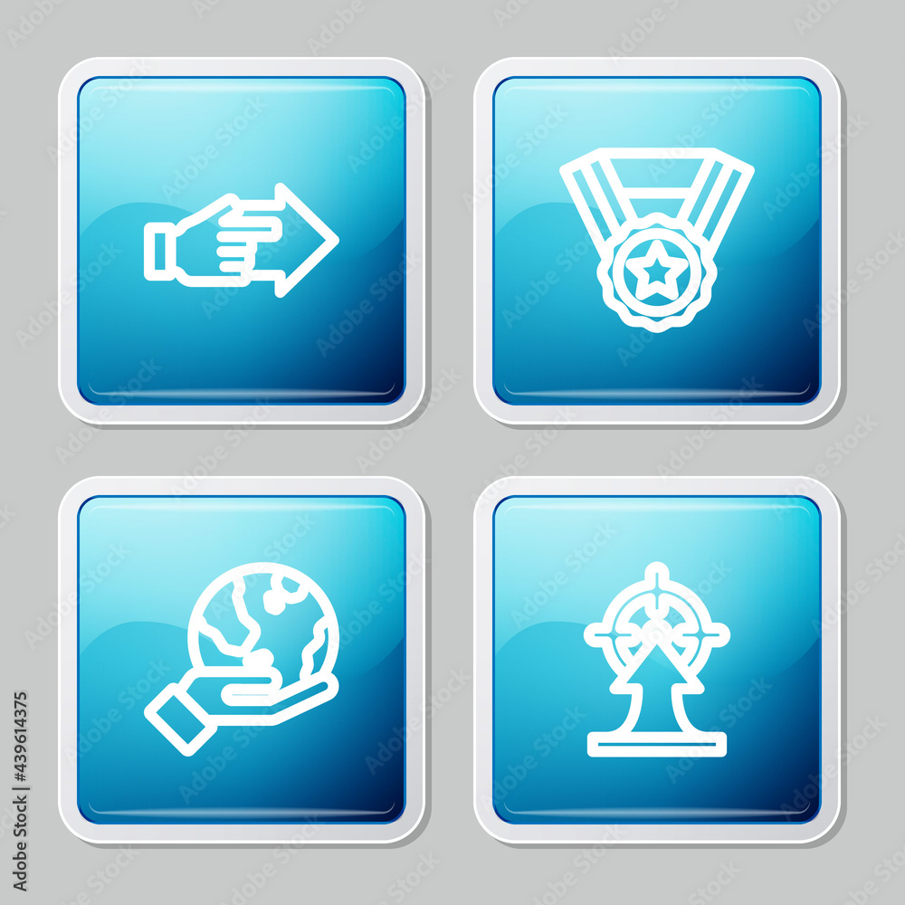Set line Hand with pointing finger, Medal, holding Earth globe and Target icon. Vector Set line Hand with pointing finger, Medal, holding Earth globe and Target icon. Vector