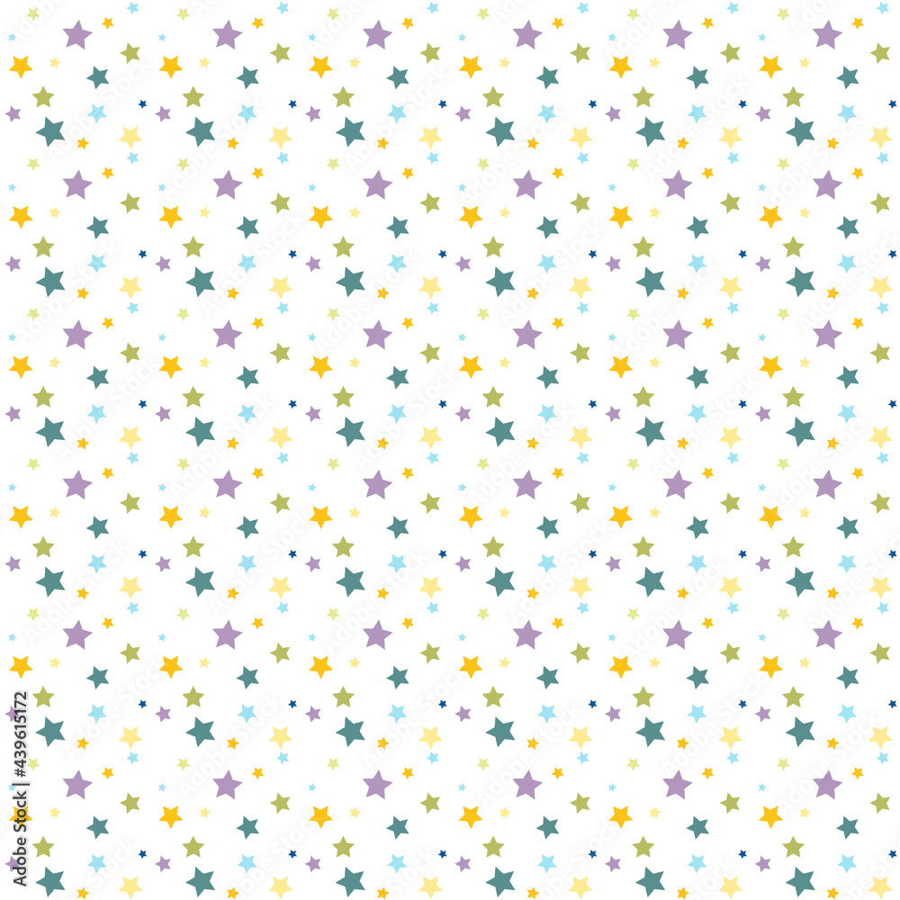 Abstract modern graphic background with random scattered colorful stars on white. Artistic backdrop with copy space for design. Web banner. Color stars on light base. Birthday party, wrapping paper
