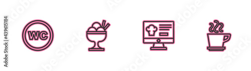 Set line Toilet, Online ordering and delivery, Ice cream bowl and Coffee cup icon. Vector