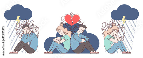 The couple is going through hard times. The family divorces. Husband and wife sitting on the floor. Family crisis. Abstract concept of difficulties of family life metaphor. Set of vector illustrations