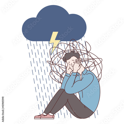 Man with anxiety touch head surrounded by think. Mental disorder and chaos in consciousness. Frustrated guy with nervous problem feel anxiety and confusion of thoughts abstract vector illustration.