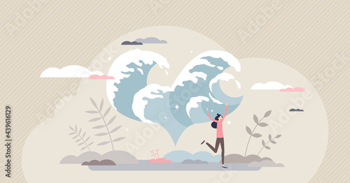 Life passion as exciting emotions and joy about hobby tiny person concept. Dream activity and happy moments with desired leisure kind vector illustration. Inspiration and life with positive enthusiasm