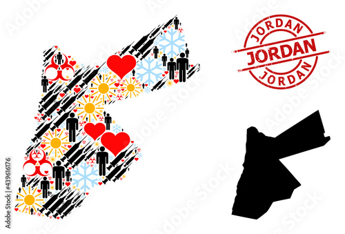 Distress Jordan stamp, and sunny man virus therapy collage map of Jordan. Red round stamp contains Jordan text inside circle. Map of Jordan collage is constructed of winter, sun, heart, man, syringe,