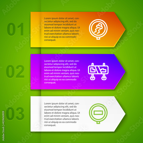 Set line Slippery road traffic, Road sign and Stop. Business infographic template. Vector