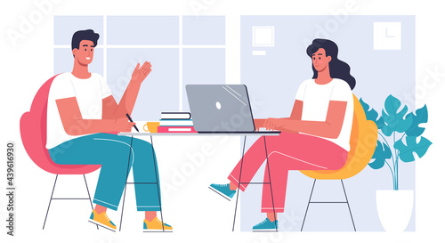 Young people work together in the modern office vector illustration 