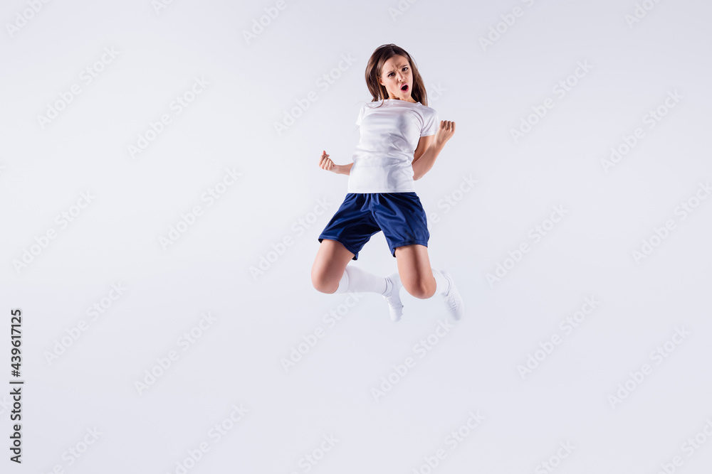 Full length body size view of her she nice-looking attractive pretty satisfied straight-haired girl jumping rejoicing final victory triumph isolated over light white gray pastel color background Full length body size view of her she nice-looking attractive pretty satisfied straight-haired girl jumping rejoicing final victory triumph isolated over light white gray pastel color background