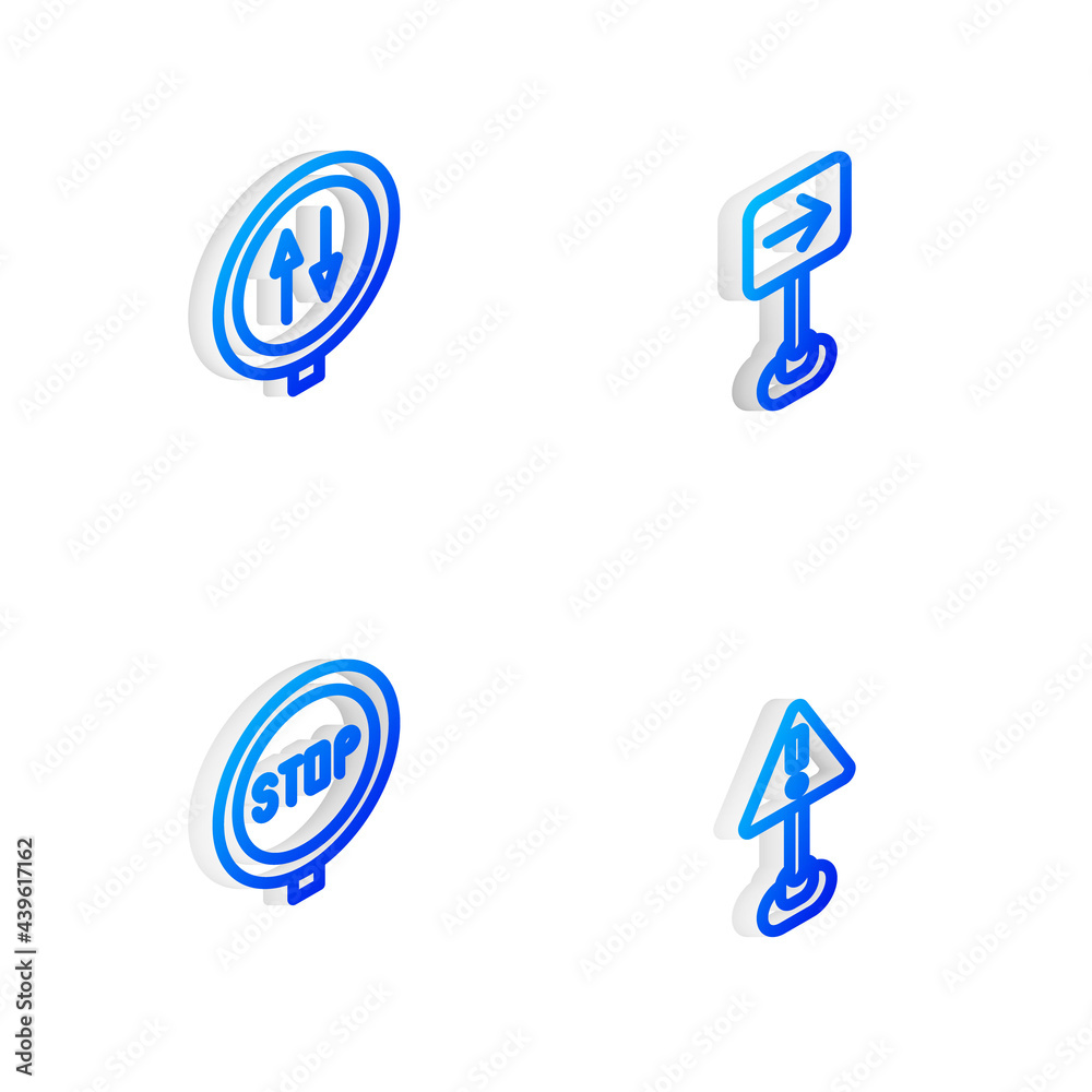 Set Isometric line Traffic sign turn right, Road warning two way traffic, Stop and Exclamation mark triangle icon. Vector Set Isometric line Traffic sign turn right, Road warning two way traffic, Stop and Exclamation mark triangle icon. Vector