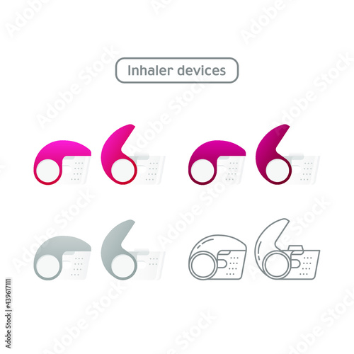 Set of Inhaler Devices Icon in Color and in Line Isolated on White Background. Breather for Cough Relief, Inhalation, Allergic Patient.