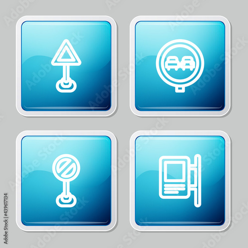Set line Triangle warning blank, No overtaking road traffic, Stop sign and Road icon. Vector