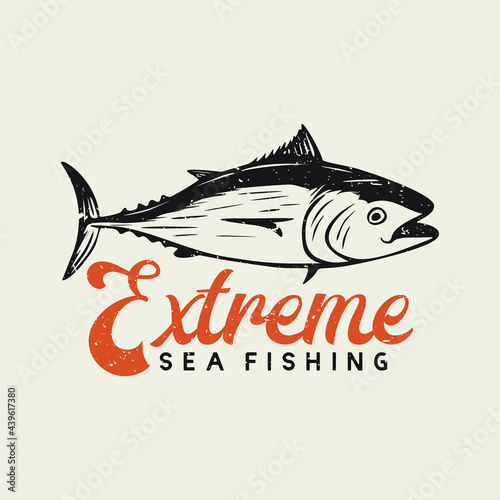 logo design extreme sea fishing with tuna fish vintage illustration