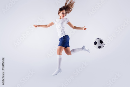 Full length body size view of nice attractive lovely slim sportive glad cheerful cheery straight-haired girl jumping running playing having fun isolated on light white gray pastel color background