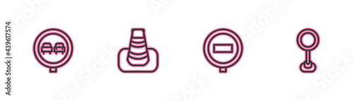Set line No overtaking road traffic, Stop sign, Traffic cone and Road icon. Vector