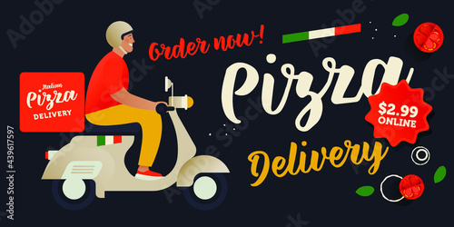 Pizza Delivery Guy on a Motorbike. Modern Flat Vector Illustration. Pizza Ads with Delicious Ingredients on a Dark Background. Poster Concept. Web Horizontal Banner.