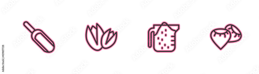Set line Scoop flour, Measuring cup, Pistachio nuts and Seed icon. Vector Set line Scoop flour, Measuring cup, Pistachio nuts and Seed icon. Vector