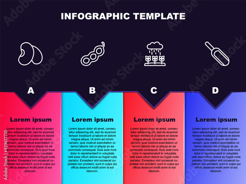 Set line Beans, Green peas, Plant sprouts grow in the rain and Scoop flour. Business infographic template. Vector