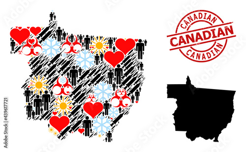 Textured Canadian stamp seal, and lovely people vaccine mosaic map of Mato Grosso State. Red round badge includes Canadian caption inside circle.