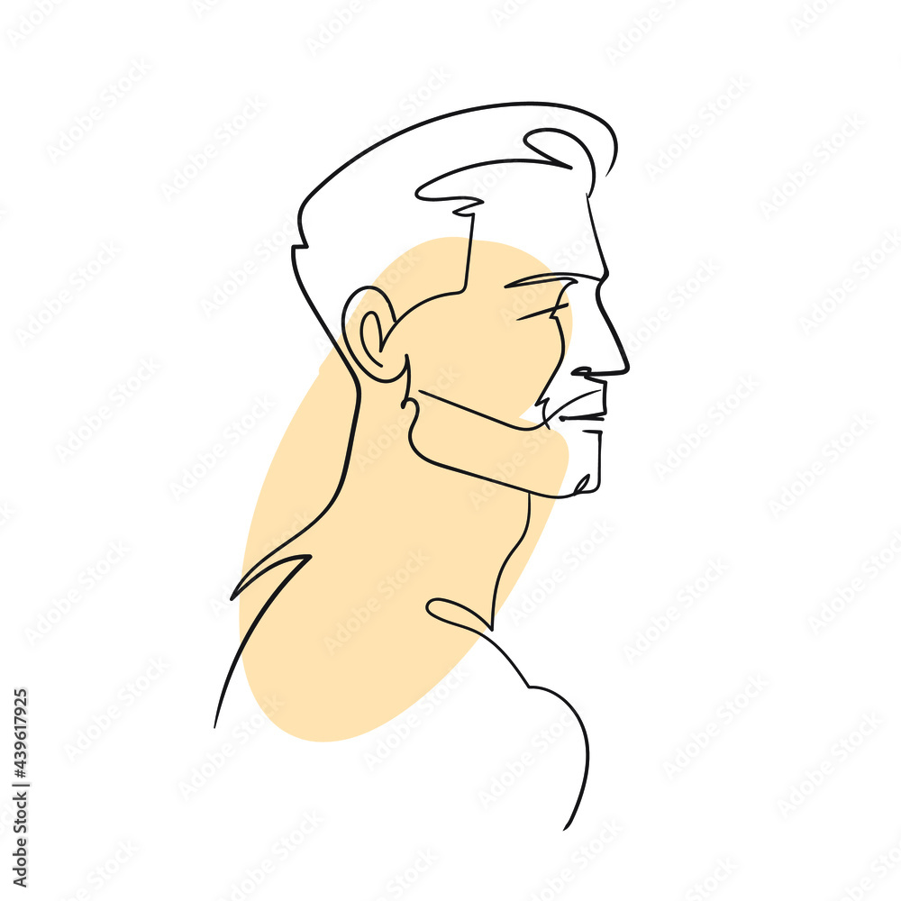 Abstract Man face,silhouette in minimalistic style.The black Continuous line and abstract colored spots.Modern Design concept.Stock vector illustration isolated on white background.One line drawing.