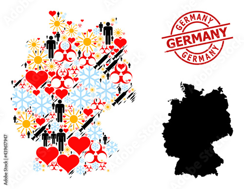 Distress Germany stamp seal, and sunny men inoculation collage map of Germany. Red round stamp seal has Germany caption inside circle. Map of Germany collage is made of snow, spring, healthcare,
