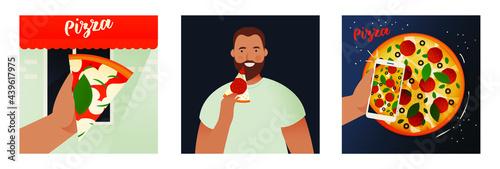 Modern Flat Vector Concept Illustrations. Social Media Ads. Hand Hold Slice of Pizza Against the Backdrop of a Pizzeria. Happy Customer with Pizza. Smartphone Take Photo of Pizza. Website Template.