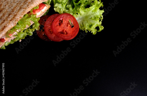 Tuna Sandwich with Vegetables on black background.  Suitable for breakfast.