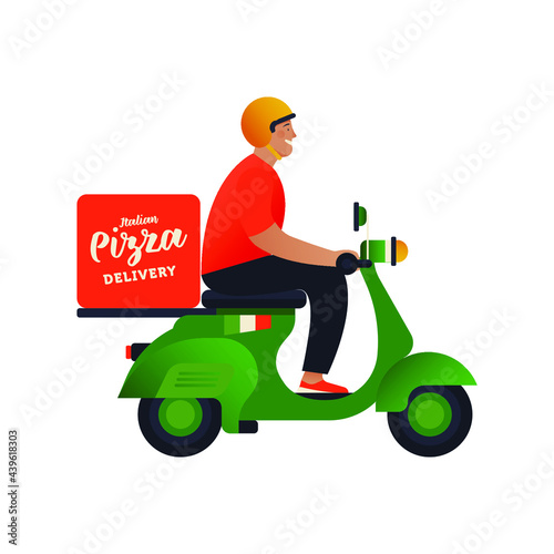 Pizza Delivery Guy on a Motorbike. Modern Flat Vector Illustration. Man in Helmet on a Scooter with Delivery Box on Isolated Background. 