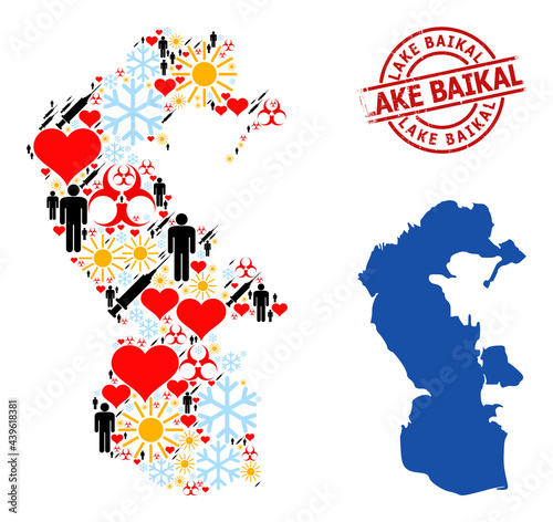 Grunge Lake Baikal stamp seal, and heart demographics Covid-2019 treatment collage map of Caspian Sea. Red round stamp seal contains Lake Baikal title inside circle.