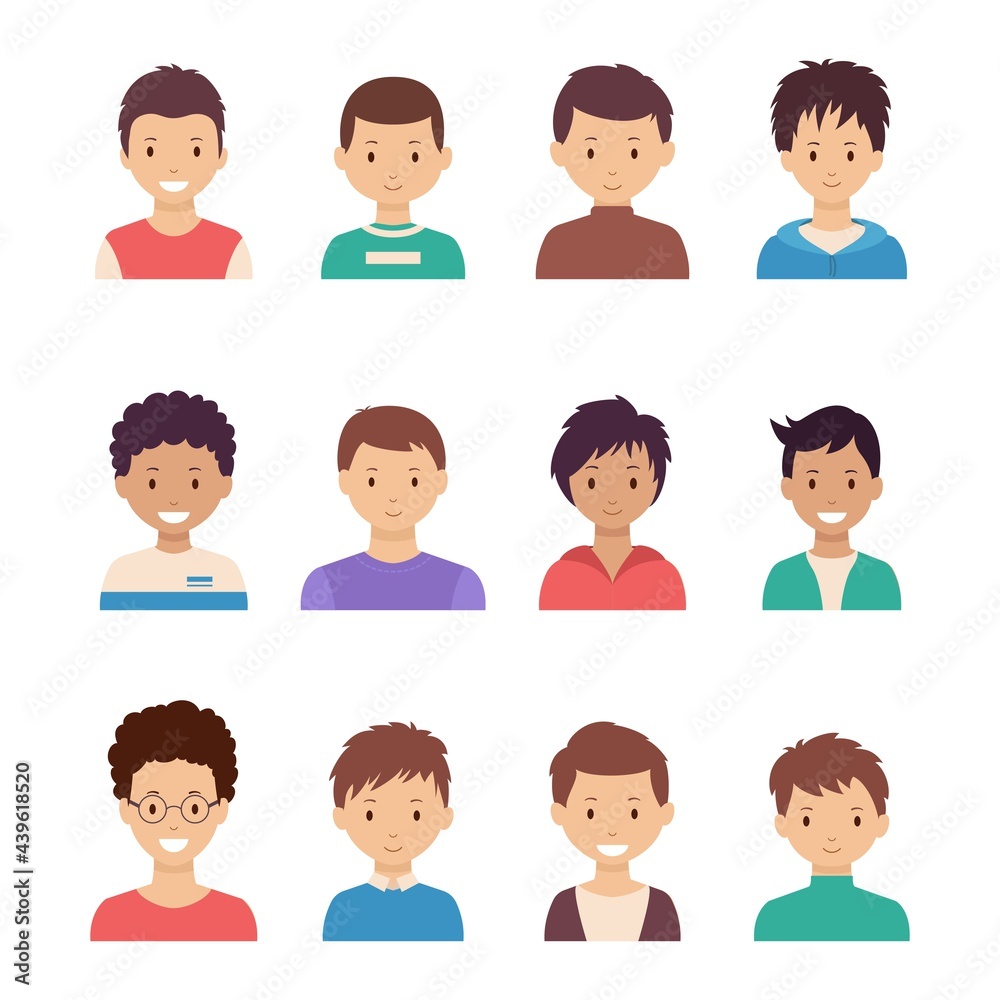 Collection man faces. Smiling guy avatar set. Joyful male chara Collection man faces. Smiling guy avatar set. Joyful male chara