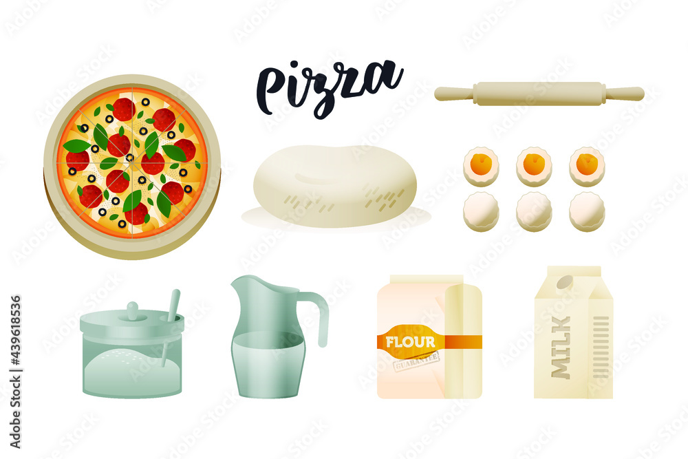 Pizza Set. Modern Flat Vector Concept Illustrations. Pizza on a Cutting Board, Flour Package, Flour in a Jar with Spoon, Dough,  Roller Pin, Eggs, Jug of Water, Milk.