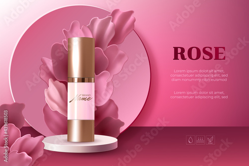 Design advertising poster for cosmetic product with rose petals for catalog, magazine. Cosmetic package. Perfume advertising poster. Moisturizing toner, cream, gel, body lotion, pink liquid petals