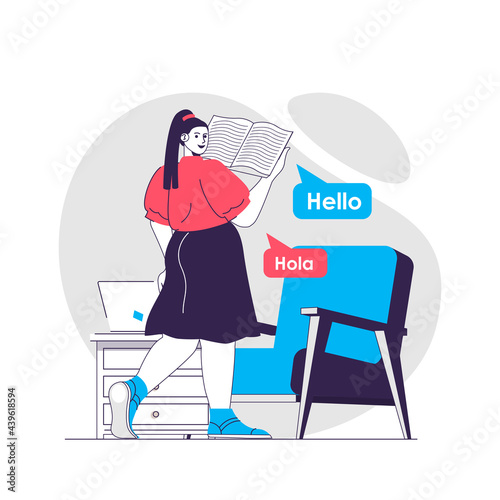 Language course web concept. Woman reads textbook, learns Spanish, speaking club. Education people scene. Flat characters design for website. Vector illustration for social media promotional materials