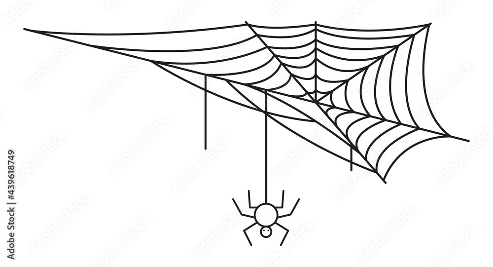 Fototapeta premium Corner spideweb linear icon. Halloween line art. Isolated black net with spider on white back ground. Web with spider logo for your halloween cards. 