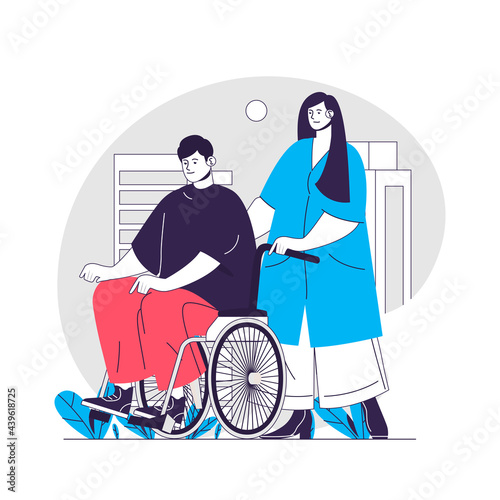 Medical support web concept. Nurse pushing wheelchair with disabled person. Healthcare people scene. Flat characters design for website. Vector illustration for social media promotional materials