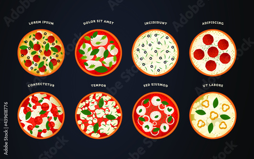 Pizza Set. Modern Flat Vector Concept Illustrations. Various Kinds of Pizza. Delicious Ingredients.