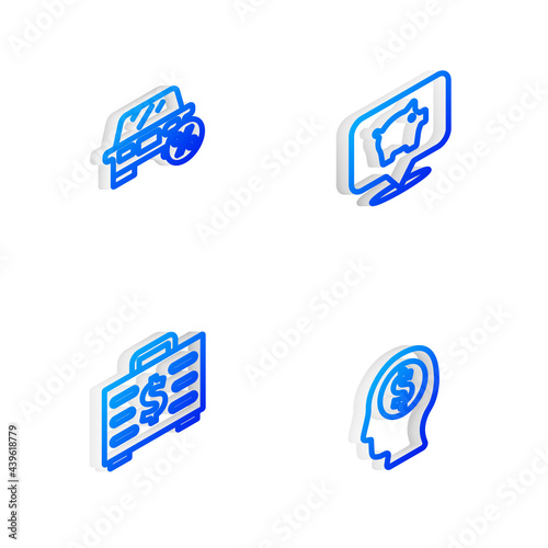 Set Isometric line Piggy bank, Car leasing percent, Briefcase and money and Business man planning mind icon. Vector