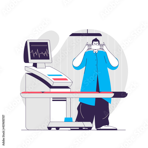 Medical support web concept. Doctor puts on medical mask, laboratory research. Healthcare people scene. Flat characters design for website. Vector illustration for social media promotional materials