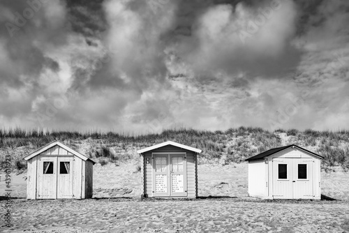 Fototapeta Naklejka Na Ścianę i Meble -  Beachhouses in the dunes at the beach on Texel island in the Netherlands in black and white