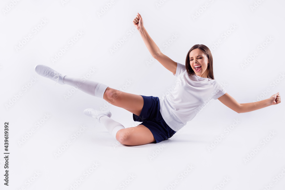 Full length body size view of her she nice attractive crazy cheerful  overjoyed glad straight-haired girl jumping having fun emotion expression  isolated on light white gray pastel color background Stock Photo