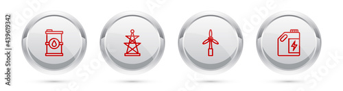 Set line Bio fuel barrel, Electric tower, Wind turbine and Eco canister. Silver circle button. Vector