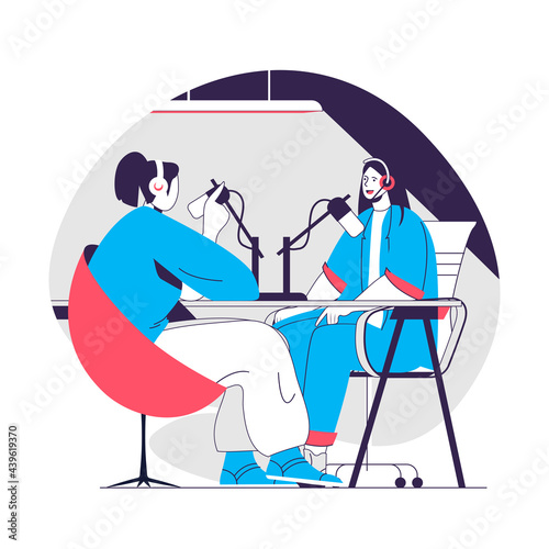 Podcast web concept. Women talking and recording audio podcast at studio. Live broadcasting people scene. Flat characters design for website. Vector illustration for social media promotional materials