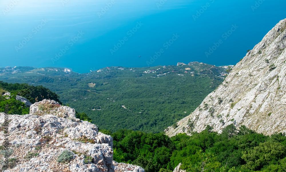 View of the Black Sea coast from a high cliff of the South Coast of Crimea.