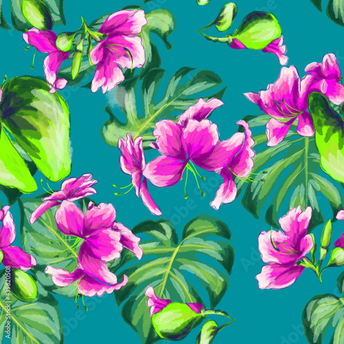 Watercolor vector hand drawn styled seamless floral tropical pattern with the magnolia blooming flowers and palm leaves, textile composition, boho style inspired with the landscape of Ibiza