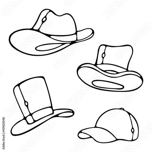 Vector Set of men's hats. Male headwear. Element of clothing or accessory. Doodle cartoon outline style