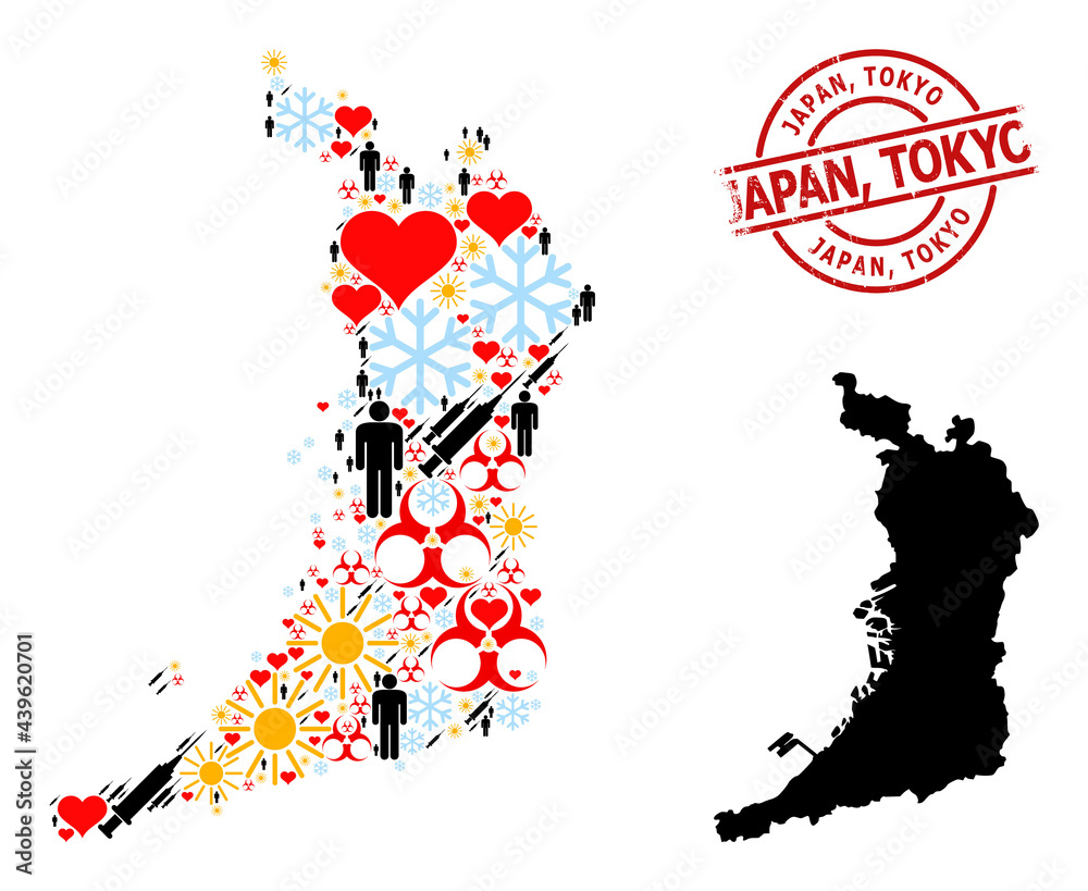 Rubber Japan, Tokyo stamp, and frost man Covid-2019 treatment collage map of Osaka Prefecture. Red round stamp has Japan, Tokyo caption inside circle.