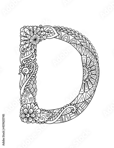 Mandala letter D monogram, adult coloring book, engraving design. Vector illustration. photo