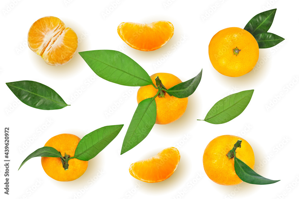 Tangerine or mandarin fruit with leaves isolated on white background.