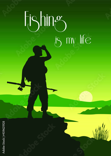 Silhouettes of a fisherman with a fishing rod in his hand, a tourist with a backpack on the mountain against the background of the sun and the river. Solo travel concept. Set of vector postcards.